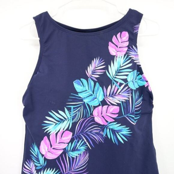 NWOT Lands End Navy Blue Tank Tankini Swim Top Palm Print Purple Size 12 - Picture 2 of 9